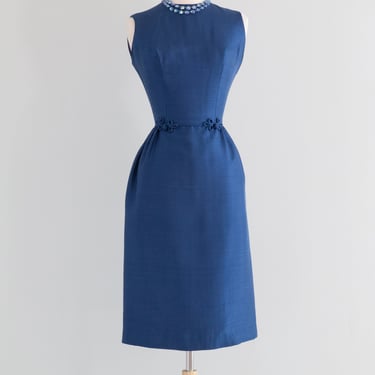 Elegant 1960's Prussian Blue Silk Wiggle Dress / Small