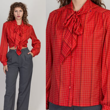 80s Red Grid Striped Secretary Blouse - Large to XL | Vintage Ascot Tie Long Sleeve Button Up Top 