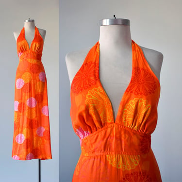 Vintage Hawaiian Dress / Orange Halter Maxi Dress / 1970s Hawaiian Maxi Dress / Orange Mandala Print Maxi Dress / Vintage Rockabilly Dress 