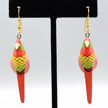 70's painted wood macaw tropical hippie dangles, colorful handcrafted boho kitsch parrot earrings 