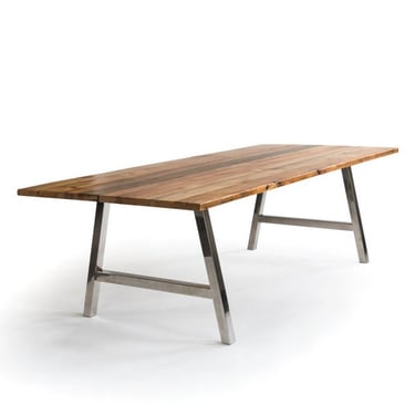 Modern Farmhouse Dining Table, Wood Dining Table with reclaimed wood top and brushed stainless steel legs. 