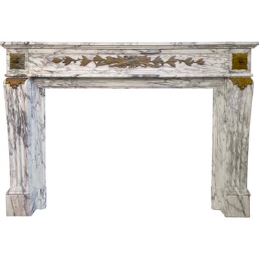 Antique Plaza Hotel White Gray Veined Marble Mantel with Bronze Ormolu