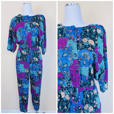 1990s Vintage Rayon Purple and Blue Floral Jumpsuit / 90s Patchwork Cropped Leg Button Up Boiler Suit / Medium 