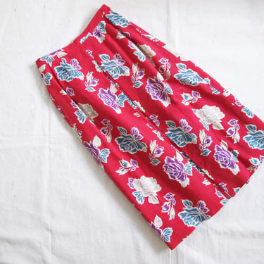 Vintage 70s Cacharel Floral Skirt 26 S - 1970s Red Blue High Waist Midi Flower Print French Skirt 