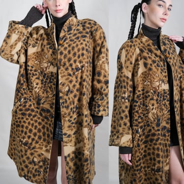 Vintage 80s MONDI Leopard on Leopard Print Drop Shoulder Swing Coat w/ Pockets | Made in W. Germany | 100% Wool | 1980s Designer Winter Coat 