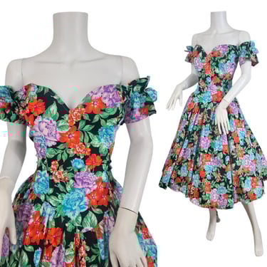1980s Black Red Garden Party Floral Fit & Flare Cotton Dress I Sz Med I John Design 