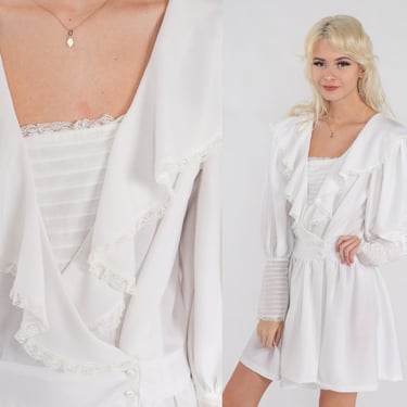 White Mini Dress 70s Ruffled Dress Long Balloon Sleeve Lace Trim Wrap Dress Victorian Boho Bridal Elopement Retro Vintage 1970s Medium M 