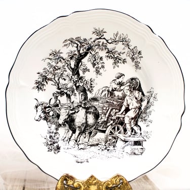 VINTAGE: 2pc Set New England Toile Harvest Scene 8 3/8" Salad Plates - Tabletops Unlimited - Replacement, Collecting - SKU 27-D-00032526 