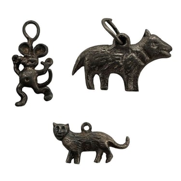 Set of Three Medieval-themed Silver Charms Including Wolves, Mouse, & Kitty Cat 