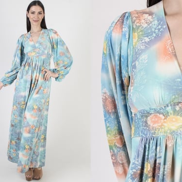 Poet Sleeve Bohemian Wedding Dress, Vintage 70s Pastel Floral, Cottagecore Prairie Maxi 