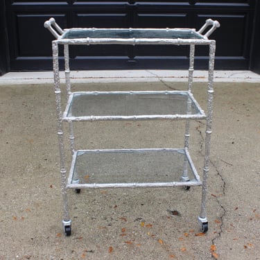 Vintage Maison Bagués Faux Bamboo Brushed Silver Bar Tea Cart 