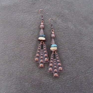 Hammered copper earrings, mid century modern brutalist earrings, unique turquoise ethnic earrings, chic bold statement earrings, artisan 