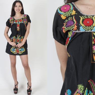 Womens Black Cotton Puff Sleeve Mexican Embroidered Mini Dress 