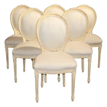 Fine Set of French Creme Painted Louis XVI Cameo Back Carved Dining Chairs