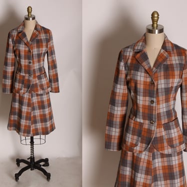 1960s Rust Brown Orange and Gray Plaid Long Sleeve Button Up Jacket with Matching Skirt Two Piece Womens Skirt Suit -M 