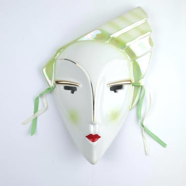 Art Deco Porcelain Wall Mask – Green Tones, Lindsey Balkweill Inspired, Vintage 1980s 
