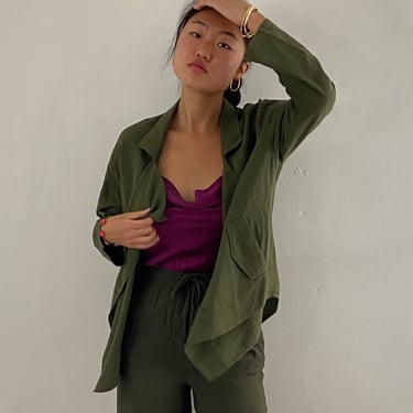 90s linen slouchy jacket / vintage olive army green linen blend cropped relaxed open front blazer jacket | Large 