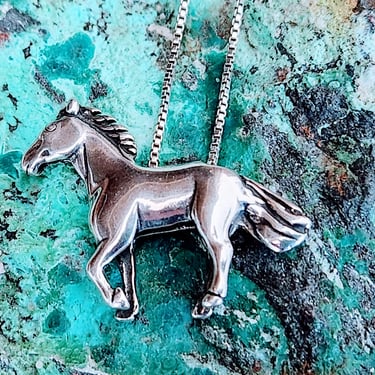 Sterling Southwestern Horse Pendant Necklace~Vintage Necklace Wild Mustang~18" Sterling chain 