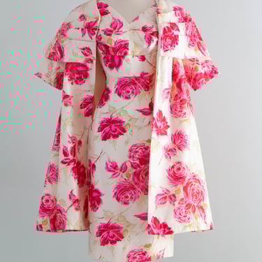 Iconic 1950's Silk Rose Print Cocktail Dress & Matching Opera Coat / SM
