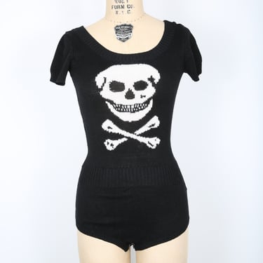 Betsey Johnson Skull & Crossbones Romper Bodysuit Runway Piece Punk Goth Rock n Roll Biker Halloween 