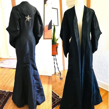 Stunning Vintage 1930's  Black Silk Evening Coat with Fishtail Hem and Castlecliff Broach and "Blue Eagle" Label made for I Magnin  ! 