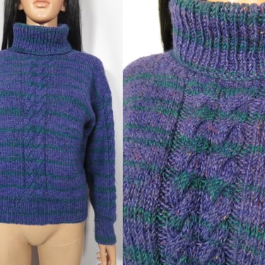 Vintage Flecked Wool Cable Knit Super Cozy Purple Turtleneck Sweater With Green Stripes Size S/M 