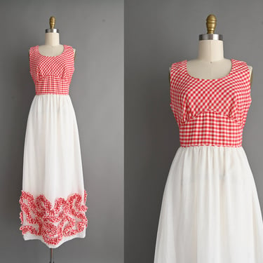 vintage 1970s Dress | Candi Jones Red Gingham White Cotton Dress |  Small 