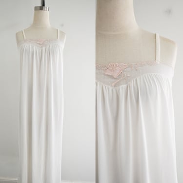 1970s Long White Night Gown with Pink Rose Applique 