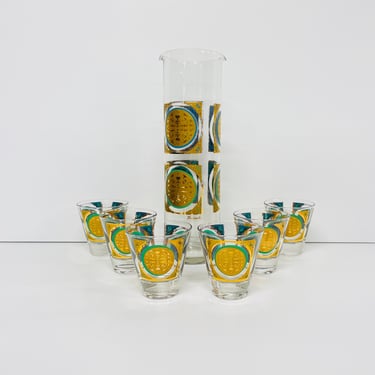 Vintage Pasinski Glass / Green Medallion / Cocktail Martini Pitcher / 6 Shot Glasses / FREE SHIPPING 