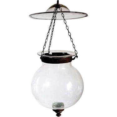 1800's Small Belgian Export Clear Glass Globe Hall Lantern Pendant Light Fixture 