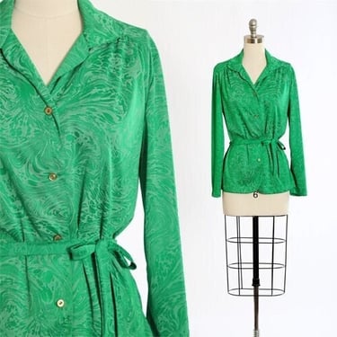 70s Wave print blouse | Vintage 1970s green Donovan Galvani belted wave blouse 