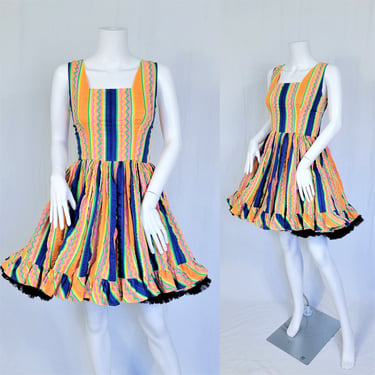 1960's Neon Orange Blue Striped Short Full Circle Skirt Sqaure Dance Dress I Sz Sm 