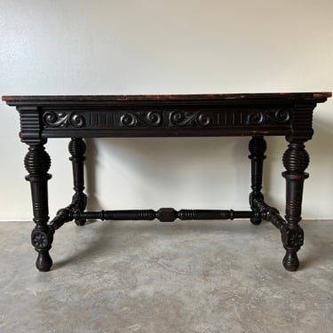 Antique French Oak Carved Writing Desk With Two Drawers & Brass Hardware 