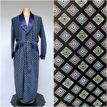 1960s Vintage Smoking Jacket, Mid-Century Blue Foulard Pattern Shawl Collar Robe, Men's Classic Hollywood Style Dressing Gown, Medium, VFG 