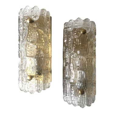Pair of Carl Fagerlund for Swedish Orrefors & Danish Lyfa Brass and Glass Scones | Plug-In Wall Mount Lighting 