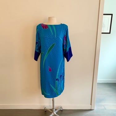 Flora Kung-blue floral damask print silk ls dress-size 8 