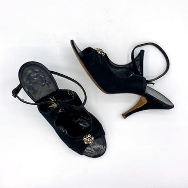 Vintage 1950s Sexy Black Suede Ankle Strap High Heels, 50s Peep Toe Slingback Shoes, Viva Las Vegas Bombshell Sandals, US Size 7.5 N 