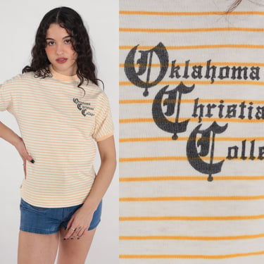 80s Oklahoma Christian College Shirt University Tshirt White Yellow Striped Shirt Vintage T Shirt Graphic Tee Ringer Tee Small 