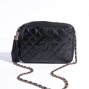 CHANEL 1989-1991 Black Lizard Skin Quilted Square Crossbody Bag