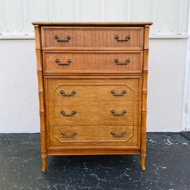 Vintage Faux Bamboo Tallboy Dresser Chest with 5 Drawers by Broyhill - Hollywood Regency Palm Beach Coastal Wooden Furniture 