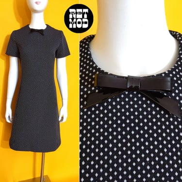 So Cute Vintage 60s 70s Black White Polka Dot Day Dress with a Sassy Vinyl Bow 
