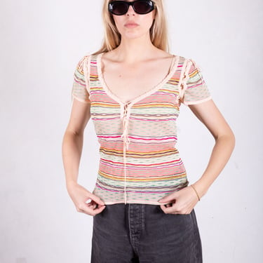 MISSONI Pink + Multicolor Striped Knit Top with Lace up Corset Detailing + Removable Sleeves Rainbow Y2K S M 