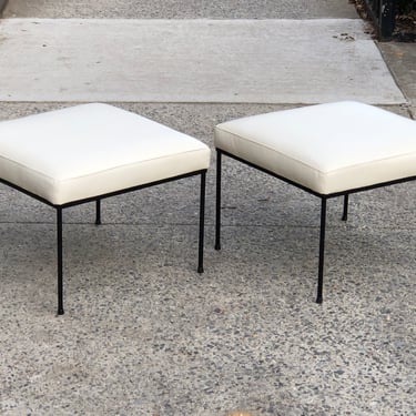 Pair Vintage Paul McCobb Iron Stools In White Leather, Fully Restored 