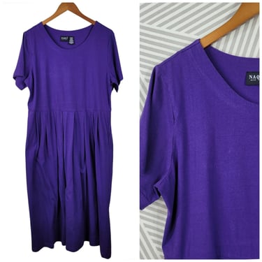 Vintage Shirt Dress Size Large Maxi Long Modest Purple Pockets Pleated Skirt 