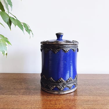 vintage Moroccan ceramic jar with silver metalwork 