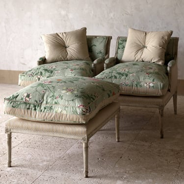Exceptional 19th C. French Painted Three Piece Duchesse Brisee Upholstered in Pierre Frey and Classic Cloth