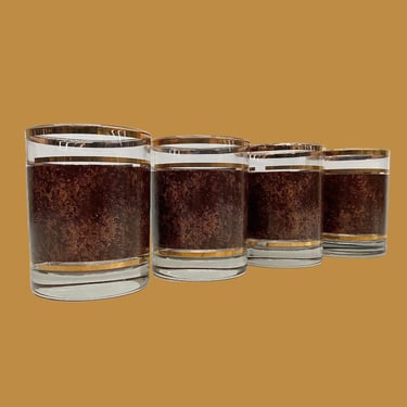 Vintage Whiskey Glasses Retro 1970s Mid Century Modern + Culver + Clear Glass + Brown + Gold + Tortoise Print + Set of 4 + Rocks Glass + Bar 