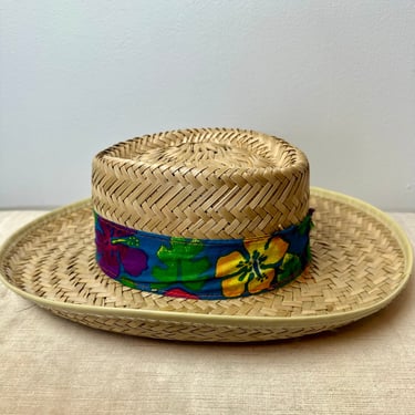60’s vintage straw sun hat~ bright rainbow colors floral Hawaiian band~ Tiki vibes 1960’s hula fashion wide brim summer hats unisex style 
