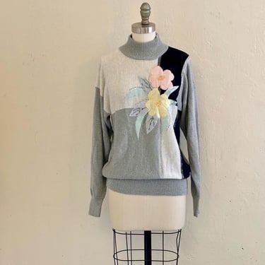 vintage grey floral beaded metallic turtleneck sweater 