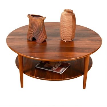Mid Century Solid-Walnut Round Coffee Table w. The Elusive Shelf!